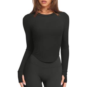 imageLASLULU Womens Long Sleeve Workout Tops Crop Tops Crew Neck Ribbed Slim Fitted Breathable Running Yoga Going Out TShirtsBlack