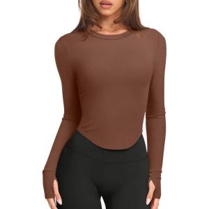 imageLASLULU Womens Long Sleeve Workout Tops Crop Tops Crew Neck Ribbed Slim Fitted Breathable Running Yoga Going Out TShirtsCoffee