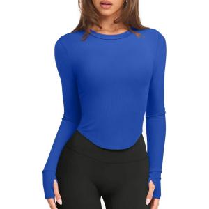 imageLASLULU Womens Long Sleeve Workout Tops Crop Tops Crew Neck Ribbed Slim Fitted Breathable Running Yoga Going Out TShirtsKlein Blue