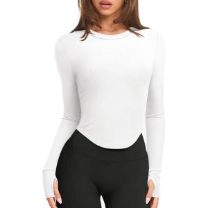 imageLASLULU Womens Long Sleeve Workout Tops Crop Tops Crew Neck Ribbed Slim Fitted Breathable Running Yoga Going Out TShirtsWhite