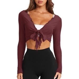 imageLASLULU Womens Tie Front Wrap Tops Long Sleeve Bolero Shrugs Crop Cardigan Yoga Ballet Cover up Tops Pilates OutfitsBurgundy
