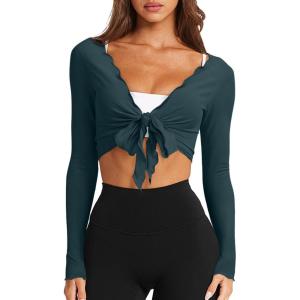 imageLASLULU Womens Tie Front Wrap Tops Long Sleeve Bolero Shrugs Crop Cardigan Yoga Ballet Cover up Tops Pilates OutfitsDeep Teal