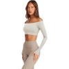 imageLASLULU Womens Off The Shoulder Tops Seamless Long Sleeve Workout Crop Top Sexy Gym Yoga Going Out Tops ShirtsWhite Dove