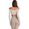 imageLASLULU Womens Off The Shoulder Tops Seamless Long Sleeve Workout Crop Top Sexy Gym Yoga Going Out Tops ShirtsWhite Dove