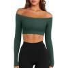 imageLASLULU Womens Off The Shoulder Tops Seamless Long Sleeve Workout Crop Top Sexy Gym Yoga Going Out Tops ShirtsDeep Teal