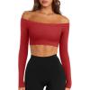 imageLASLULU Womens Off The Shoulder Tops Seamless Long Sleeve Workout Crop Top Sexy Gym Yoga Going Out Tops ShirtsRed