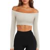 imageLASLULU Womens Off The Shoulder Tops Seamless Long Sleeve Workout Crop Top Sexy Gym Yoga Going Out Tops ShirtsWhite Dove