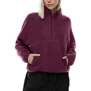 imageLASLULU Womens Half Zip Pullover Cropped Sweatshirts Sherpa Fleece Jacket Fuzzy Sweaters Cute Winter Jackets with PocketsBurgundy
