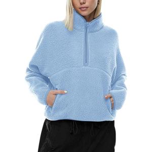 imageLASLULU Womens Half Zip Pullover Cropped Sweatshirts Sherpa Fleece Jacket Fuzzy Sweaters Cute Winter Jackets with PocketsLight Blue