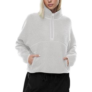 imageLASLULU Womens Half Zip Pullover Cropped Sweatshirts Sherpa Fleece Jacket Fuzzy Sweaters Cute Winter Jackets with PocketsLight Grey