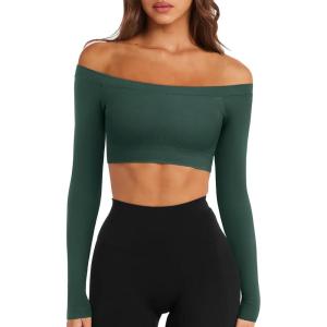 imageLASLULU Womens Off The Shoulder Tops Seamless Long Sleeve Workout Crop Top Sexy Gym Yoga Going Out Tops ShirtsDeep Teal