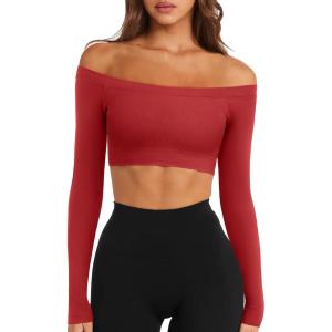 imageLASLULU Womens Off The Shoulder Tops Seamless Long Sleeve Workout Crop Top Sexy Gym Yoga Going Out Tops ShirtsRed