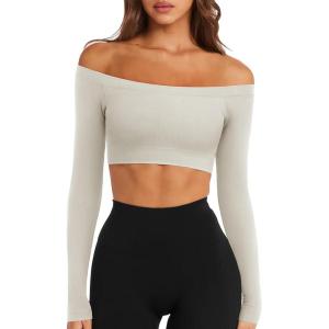 imageLASLULU Womens Off The Shoulder Tops Seamless Long Sleeve Workout Crop Top Sexy Gym Yoga Going Out Tops ShirtsWhite Dove