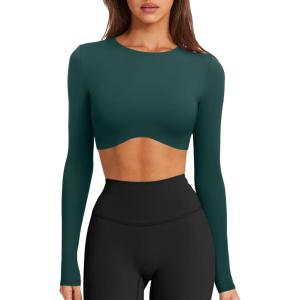 imageLASLULU Womens Sexy Double Lined Long Sleeve Shirts Crewneck Workout Tops Athletic Yoga Shirts Going Out Crop TopsForest Green