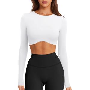 imageLASLULU Womens Sexy Double Lined Long Sleeve Shirts Crewneck Workout Tops Athletic Yoga Shirts Going Out Crop TopsWhite