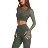 imageLASLULU Mesh Long Sleeve Crop Tops for Women Double Lined Workout Athletic Gym Shirts Cropped Tops with Built in BraArmy Green