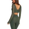 imageLASLULU Mesh Long Sleeve Crop Tops for Women Double Lined Workout Athletic Gym Shirts Cropped Tops with Built in BraArmy Green