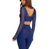 imageLASLULU Mesh Long Sleeve Crop Tops for Women Double Lined Workout Athletic Gym Shirts Cropped Tops with Built in BraDark Blue