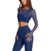 imageLASLULU Mesh Long Sleeve Crop Tops for Women Double Lined Workout Athletic Gym Shirts Cropped Tops with Built in BraDark Blue