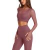 imageLASLULU Mesh Long Sleeve Crop Tops for Women Double Lined Workout Athletic Gym Shirts Cropped Tops with Built in BraMarsala