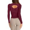 imageLASLULU Womens Long Sleeve Workout Tops Active Sheer Fitted Open Back Gym Yoga Athletic Running Tops Wrap Top Pilates OutfitsBurgundy