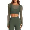 imageLASLULU Mesh Long Sleeve Crop Tops for Women Double Lined Workout Athletic Gym Shirts Cropped Tops with Built in BraArmy Green