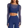 imageLASLULU Mesh Long Sleeve Crop Tops for Women Double Lined Workout Athletic Gym Shirts Cropped Tops with Built in BraDark Blue