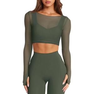 imageLASLULU Mesh Long Sleeve Crop Tops for Women Double Lined Workout Athletic Gym Shirts Cropped Tops with Built in BraArmy Green