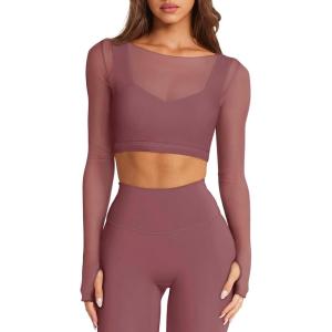 imageLASLULU Mesh Long Sleeve Crop Tops for Women Double Lined Workout Athletic Gym Shirts Cropped Tops with Built in BraMarsala