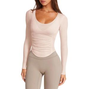 imageLASLULU Womens Long Sleeve Workout Tops Active Sheer Fitted Open Back Gym Yoga Athletic Running Tops Wrap Top Pilates OutfitsApricot