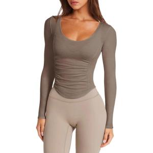 imageLASLULU Womens Long Sleeve Workout Tops Active Sheer Fitted Open Back Gym Yoga Athletic Running Tops Wrap Top Pilates OutfitsBrown
