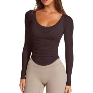 imageLASLULU Womens Long Sleeve Workout Tops Active Sheer Fitted Open Back Gym Yoga Athletic Running Tops Wrap Top Pilates OutfitsCoffee