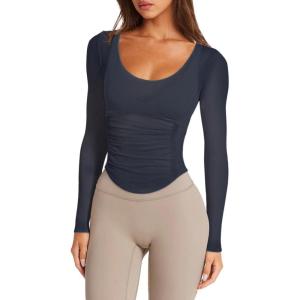 imageLASLULU Womens Long Sleeve Workout Tops Active Sheer Fitted Open Back Gym Yoga Athletic Running Tops Wrap Top Pilates OutfitsNavy Blue