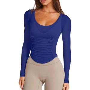 imageLASLULU Womens Long Sleeve Workout Tops Active Sheer Fitted Open Back Gym Yoga Athletic Running Tops Wrap Top Pilates OutfitsRoyal Blue