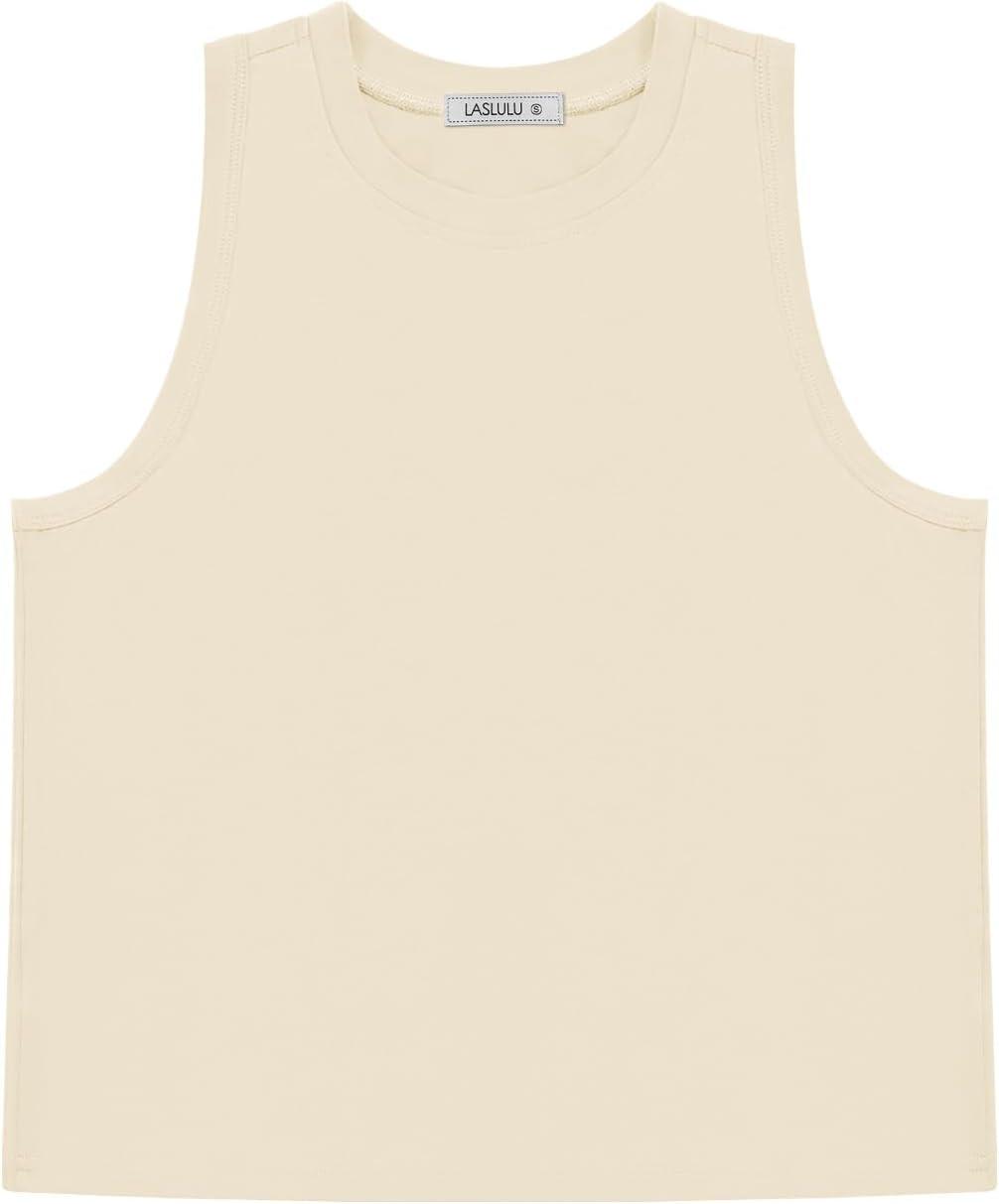 imageLASLULU Womens Crop Tops Sleeveless Workout Tops Halter Neck Cropped Tank Flowy Athletic Shirts Muscle TankBeige