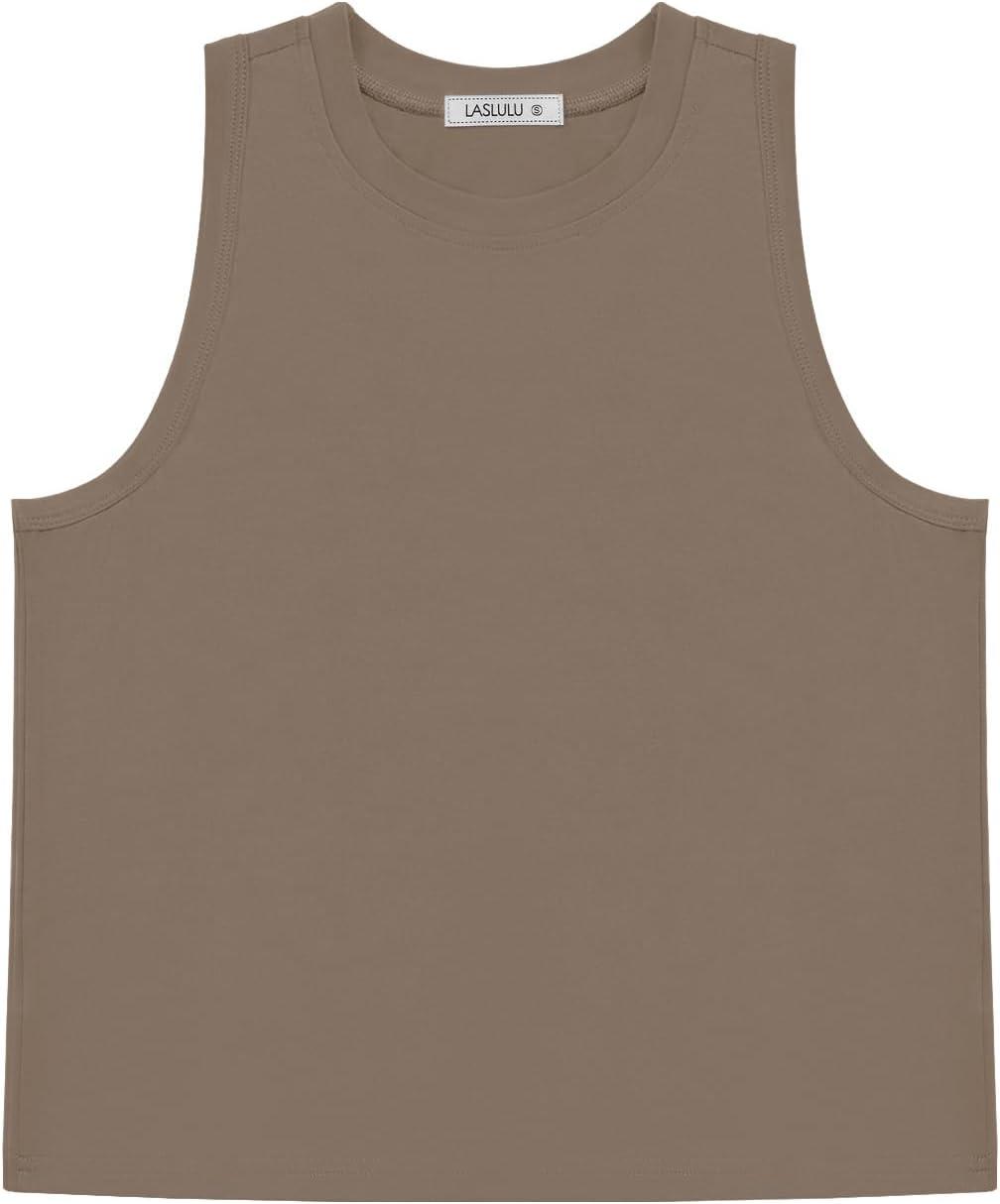 imageLASLULU Womens Crop Tops Sleeveless Workout Tops Halter Neck Cropped Tank Flowy Athletic Shirts Muscle TankLight Coffee
