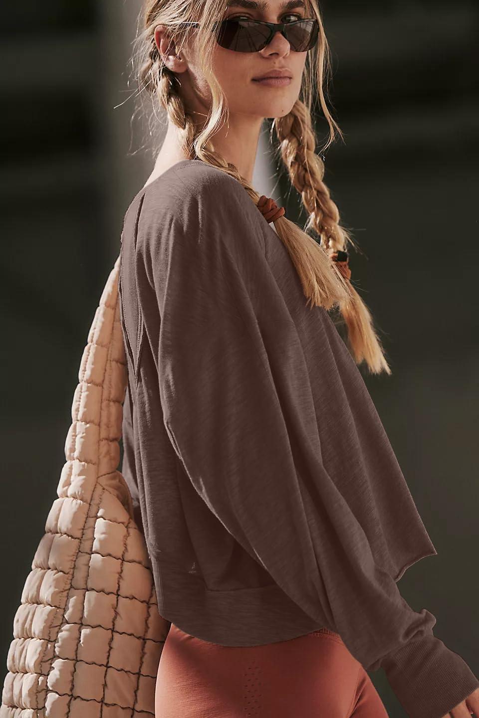 imageLASLULU Womens Open Back Long Sleeve Workout Tops Athletic Shirts Boat Neck Casual Running Tee Y2k Yoga Gym TopsEspresso