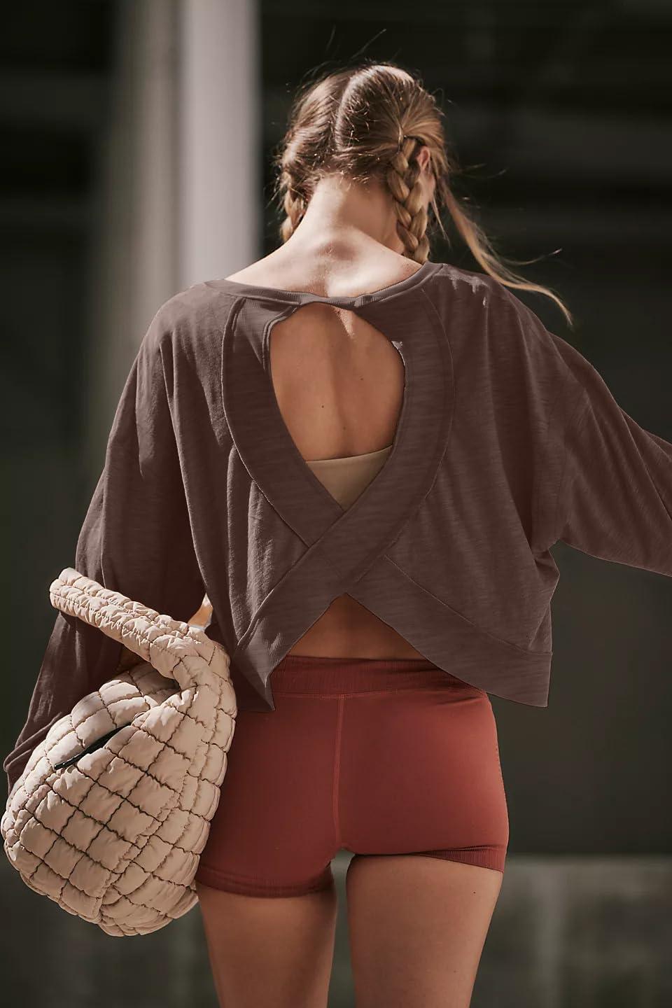 imageLASLULU Womens Open Back Long Sleeve Workout Tops Athletic Shirts Boat Neck Casual Running Tee Y2k Yoga Gym TopsEspresso