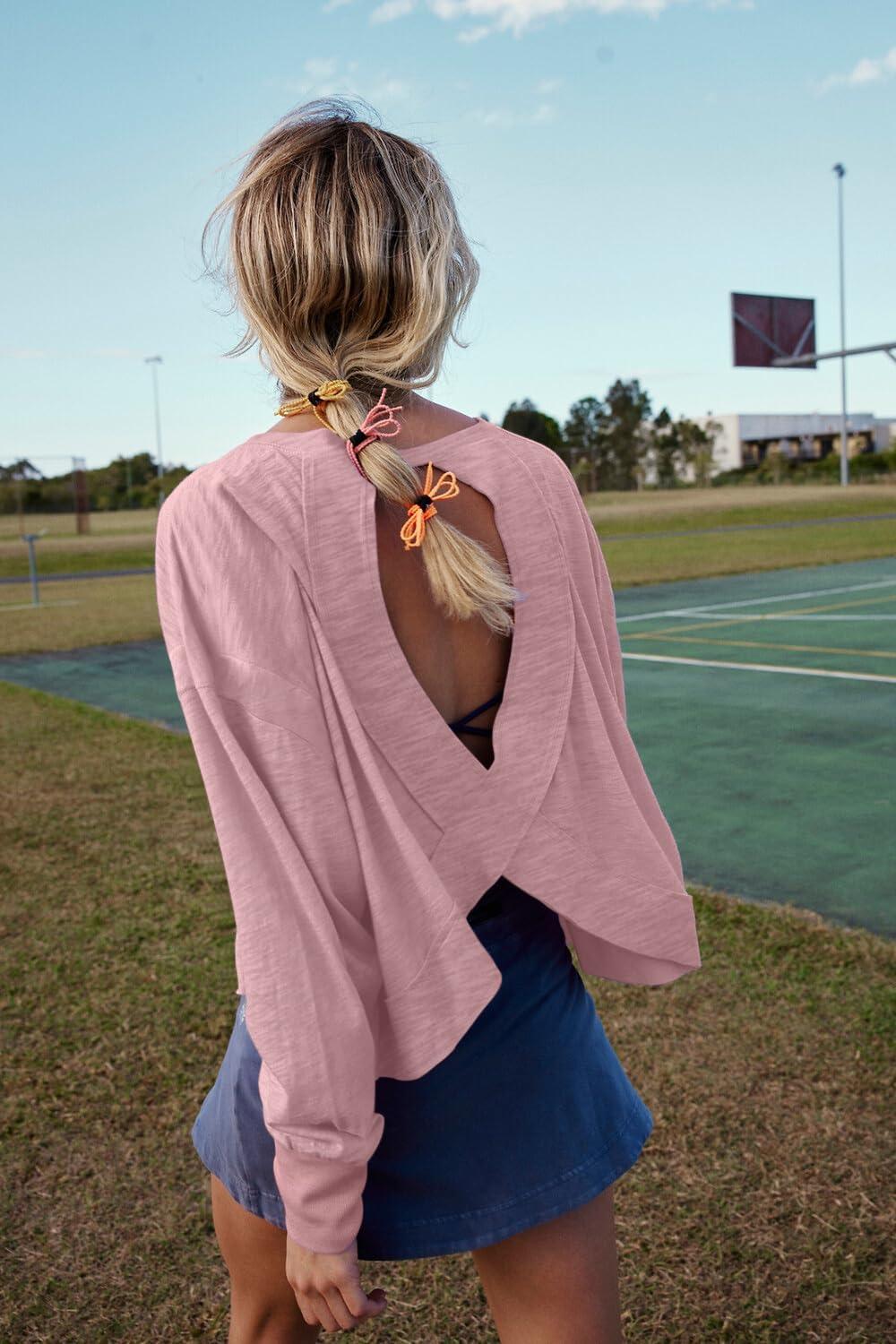 imageLASLULU Womens Open Back Long Sleeve Workout Tops Athletic Shirts Boat Neck Casual Running Tee Y2k Yoga Gym TopsGrey Pink