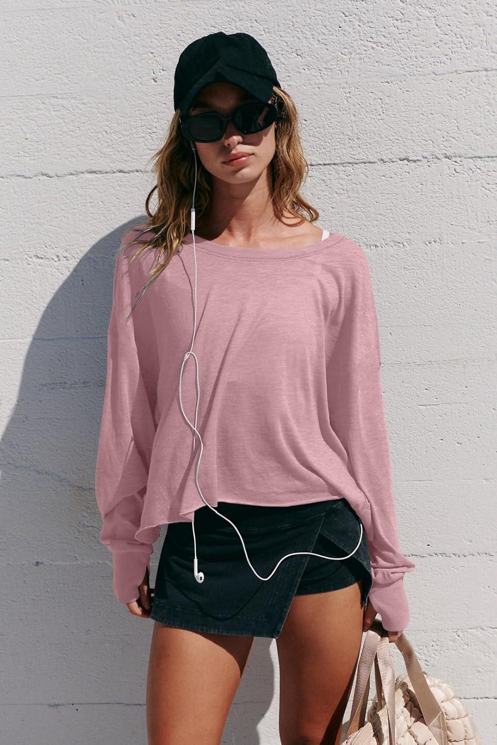 imageLASLULU Womens Open Back Long Sleeve Workout Tops Athletic Shirts Boat Neck Casual Running Tee Y2k Yoga Gym TopsGrey Pink