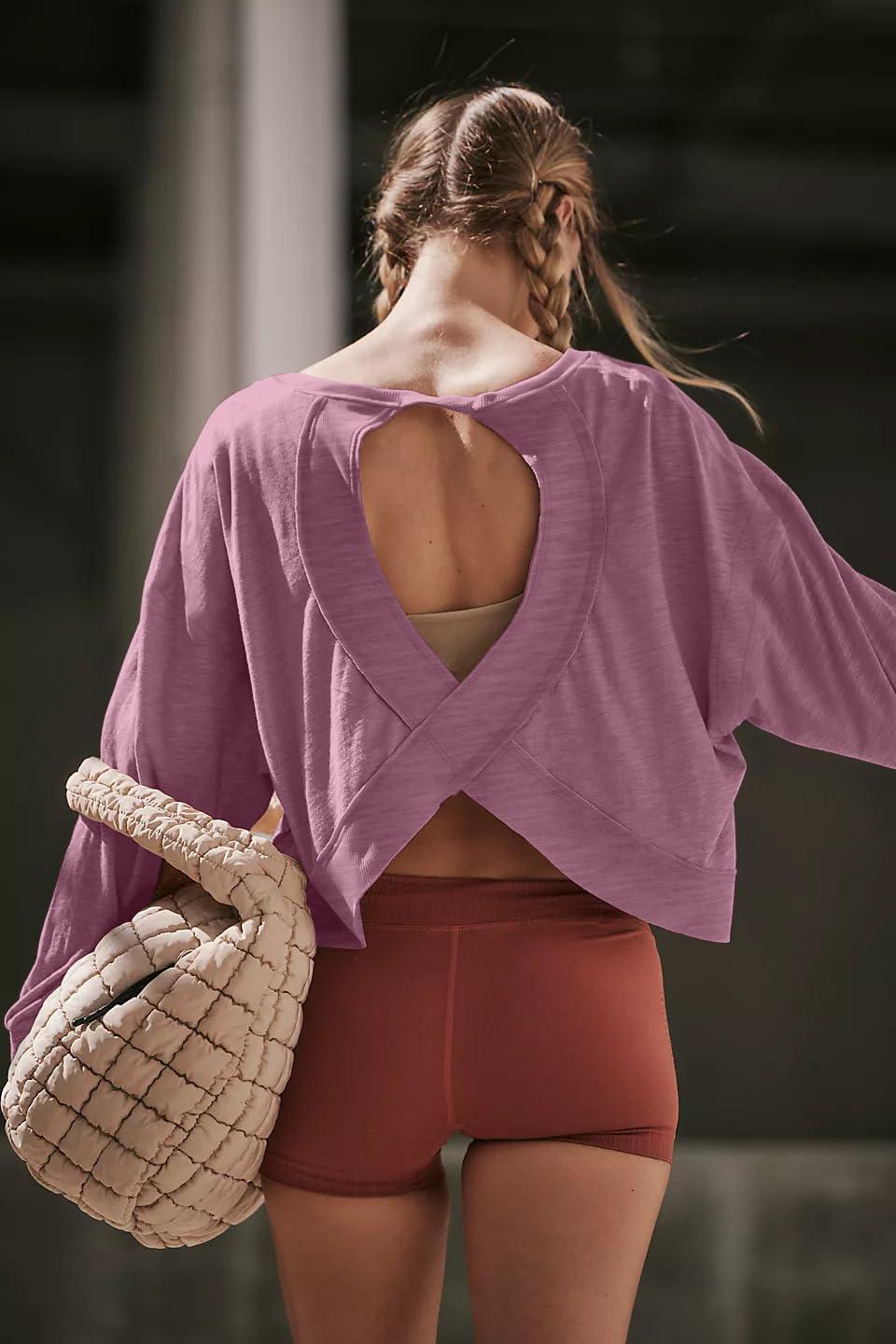 imageLASLULU Womens Open Back Long Sleeve Workout Tops Athletic Shirts Boat Neck Casual Running Tee Y2k Yoga Gym TopsMauve