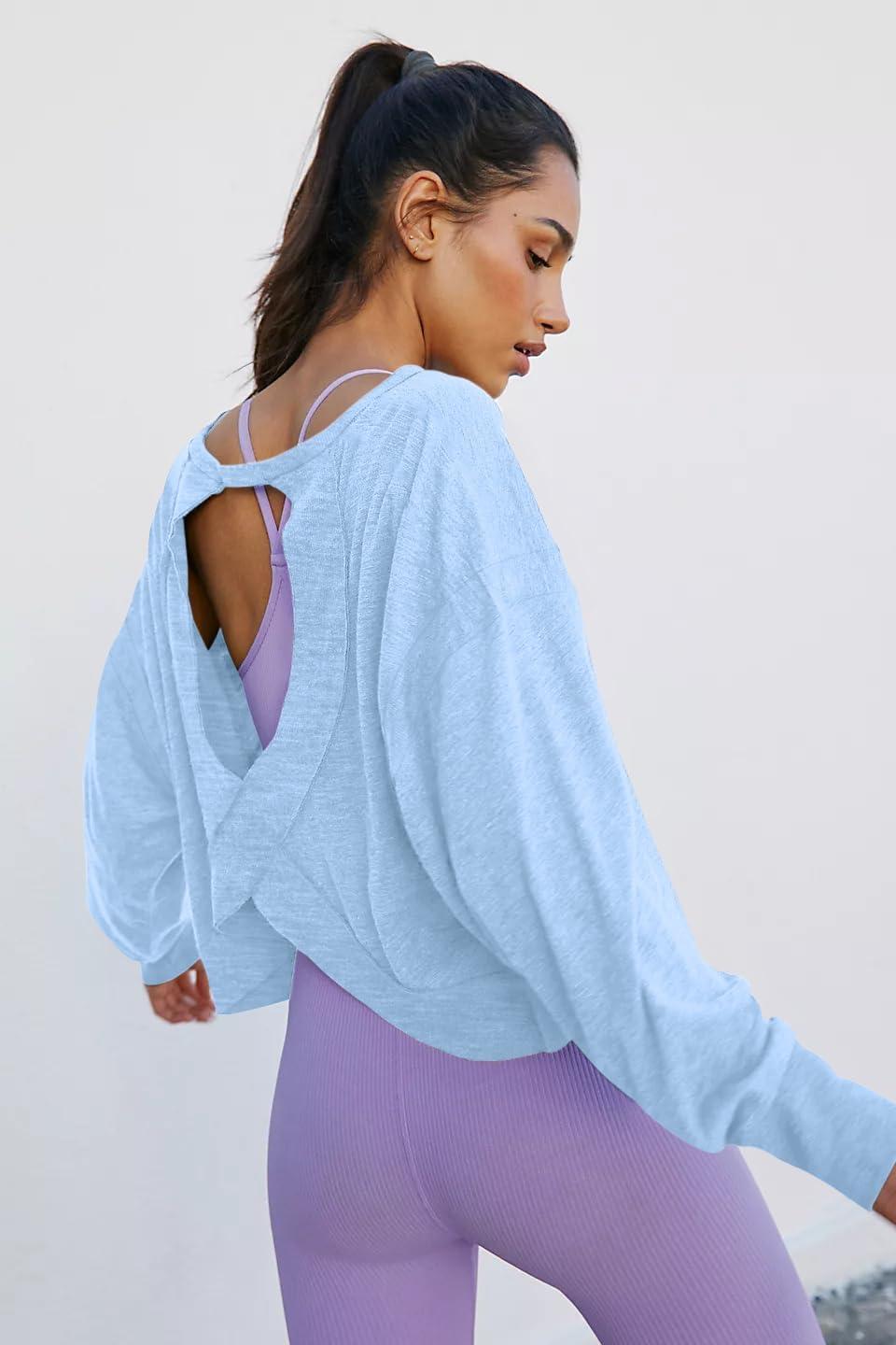 imageLASLULU Womens Open Back Long Sleeve Workout Tops Athletic Shirts Boat Neck Casual Running Tee Y2k Yoga Gym TopsSky Blue