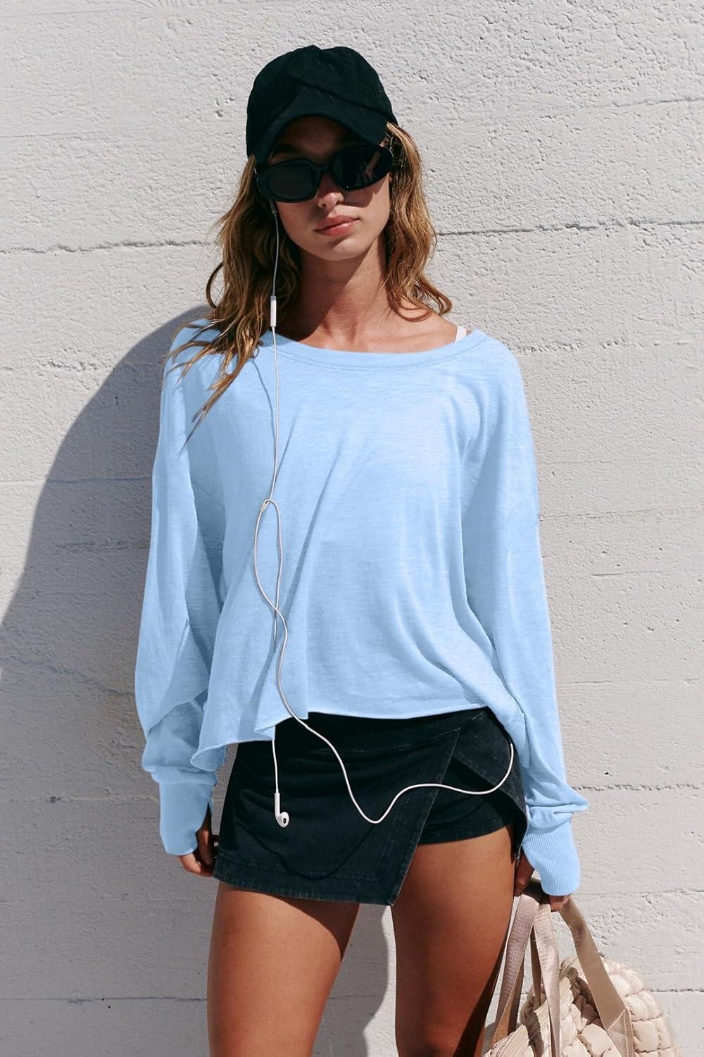 imageLASLULU Womens Open Back Long Sleeve Workout Tops Athletic Shirts Boat Neck Casual Running Tee Y2k Yoga Gym TopsSky Blue