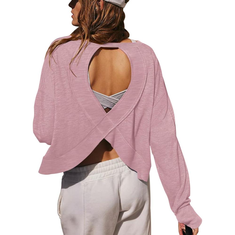 imageLASLULU Womens Open Back Long Sleeve Workout Tops Athletic Shirts Boat Neck Casual Running Tee Y2k Yoga Gym TopsGrey Pink