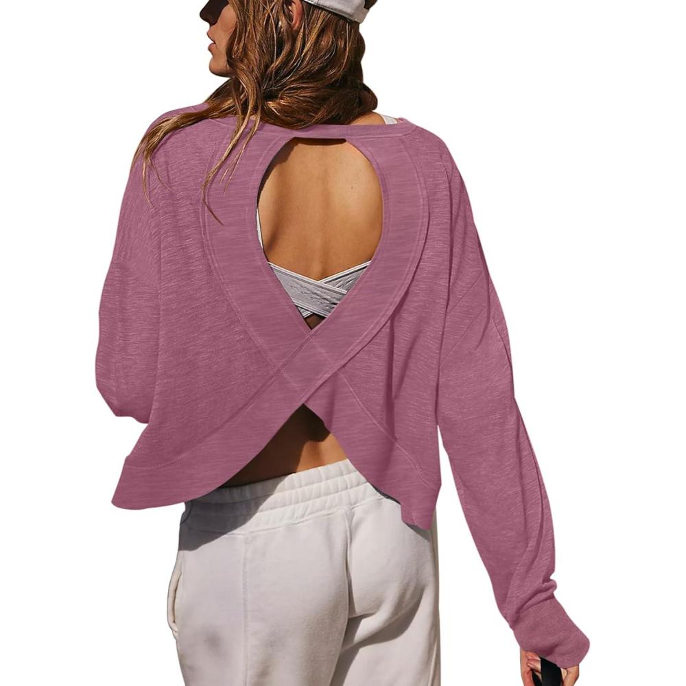 imageLASLULU Womens Open Back Long Sleeve Workout Tops Athletic Shirts Boat Neck Casual Running Tee Y2k Yoga Gym TopsMauve