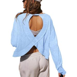 imageLASLULU Womens Open Back Long Sleeve Workout Tops Athletic Shirts Boat Neck Casual Running Tee Y2k Yoga Gym TopsSky Blue