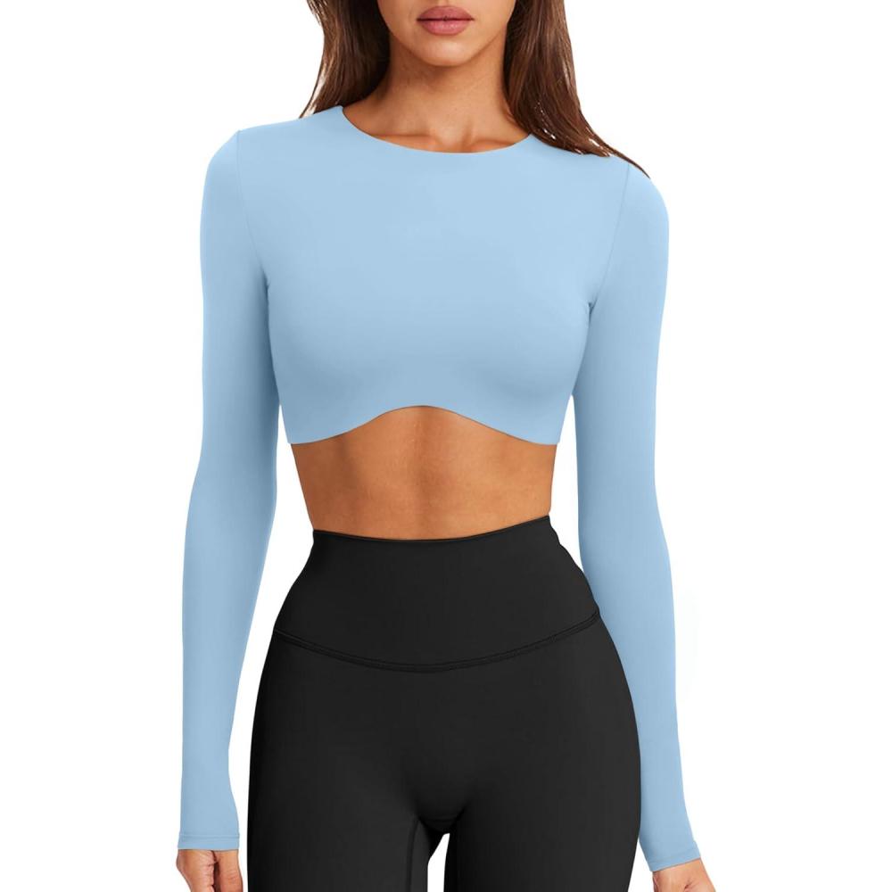imageLASLULU Womens Sexy Double Lined Long Sleeve Shirts Crewneck Workout Tops Athletic Yoga Shirts Going Out Crop TopsSky Blue