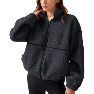 imageLASLULU Womens Fuzzy Sherpa Fleece Jacket Zip Up Oversized Sweatshirts Long Sleeve Winter Clothes Warm SweaterDark Grey