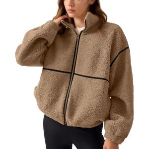 imageLASLULU Womens Fuzzy Sherpa Fleece Jacket Zip Up Oversized Sweatshirts Long Sleeve Winter Clothes Warm SweaterKhaki