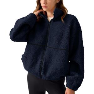 imageLASLULU Womens Fuzzy Sherpa Fleece Jacket Zip Up Oversized Sweatshirts Long Sleeve Winter Clothes Warm SweaterNavy Blue